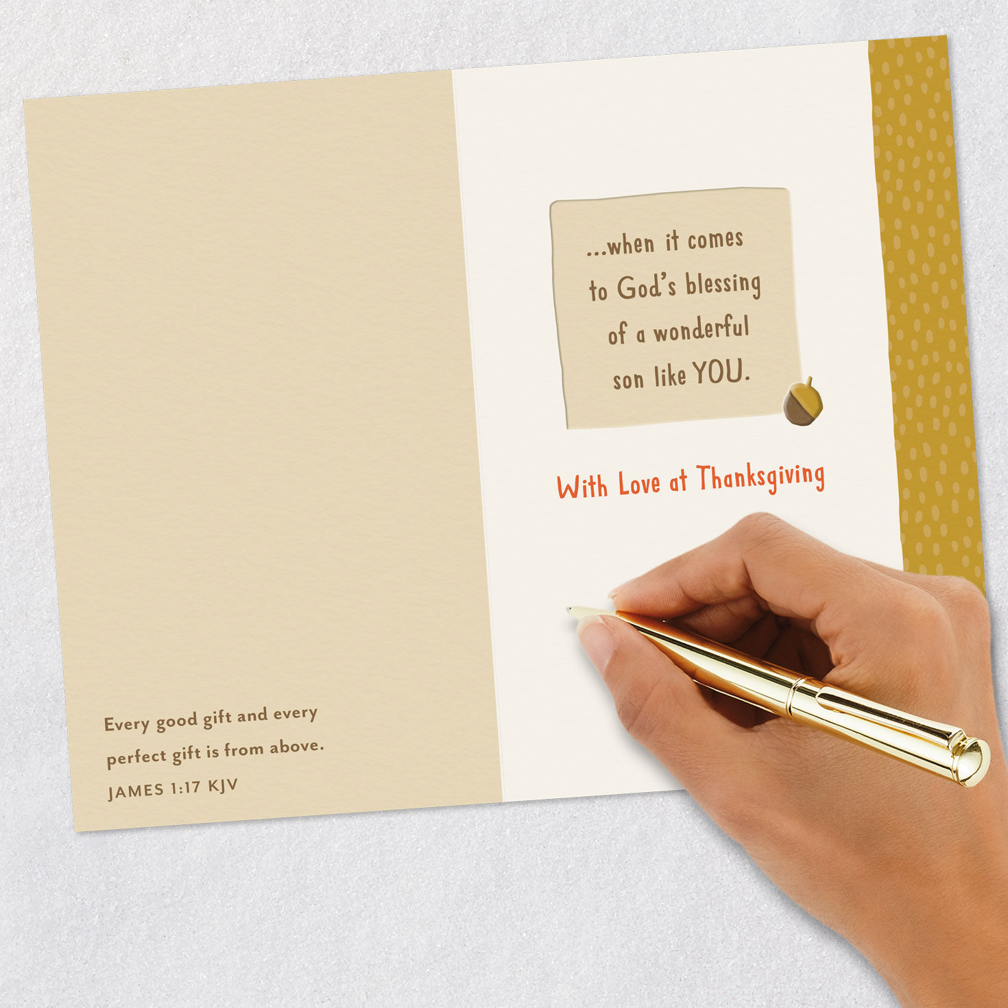 Tan Leaves and Acorns Thanksgiving Card for Son Signing card image number 7