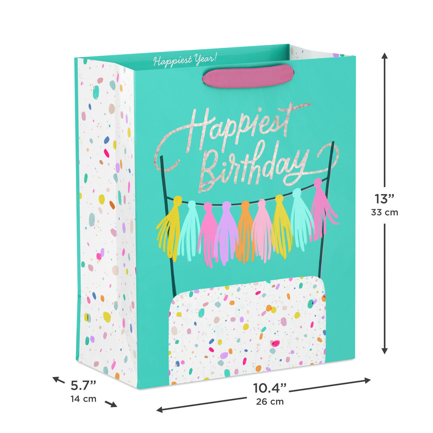 Happiest Birthday With Cake on Teal Large Gift Bag measurement image number 3