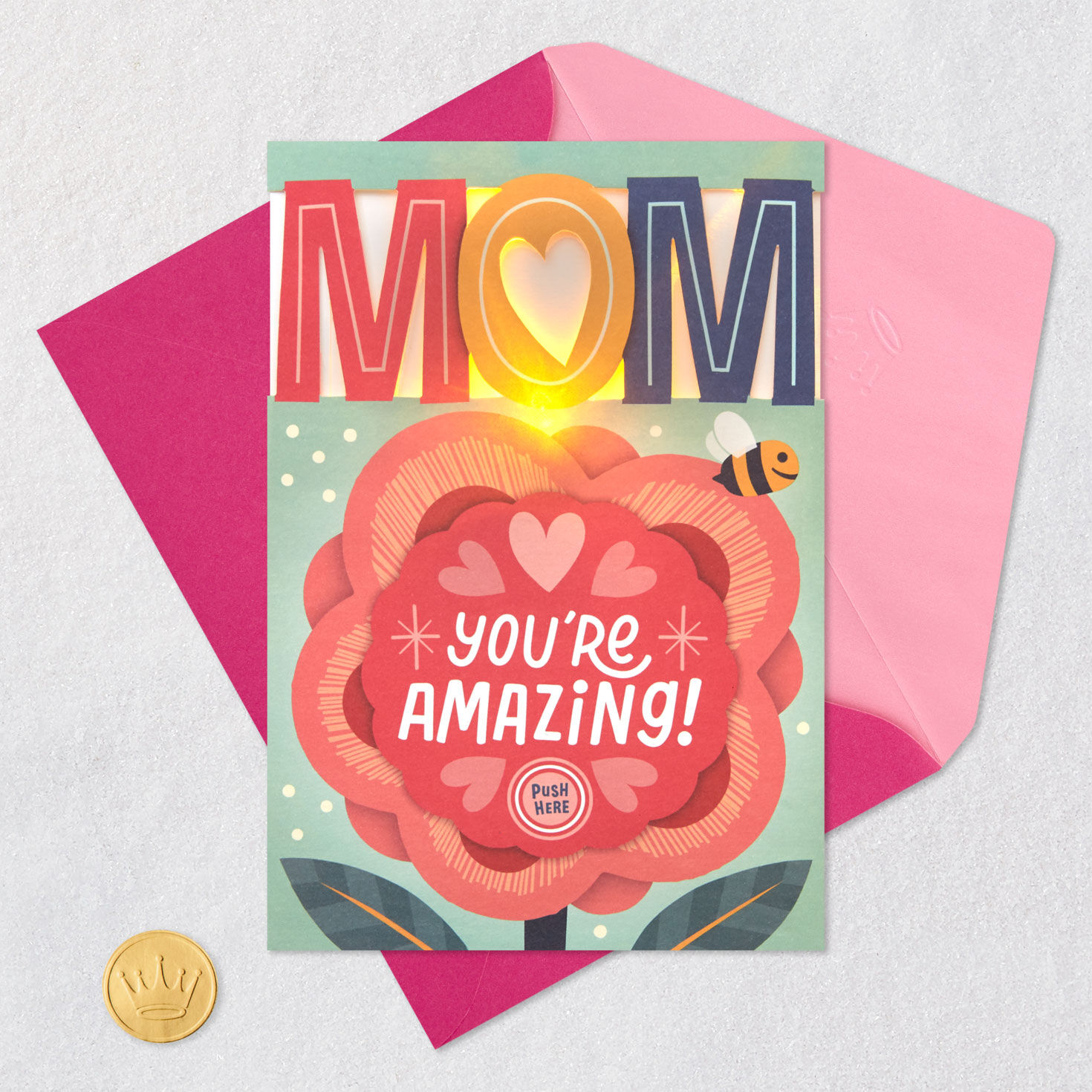 Flower Whimsy Mothers Day Card With Light and Music Card Front with Envelope and Gold Seal image number 6