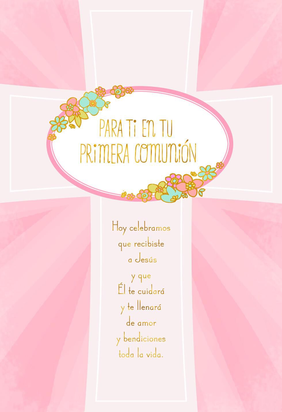 Pink Floral Cross Religious Spanish-Language First Communion Card