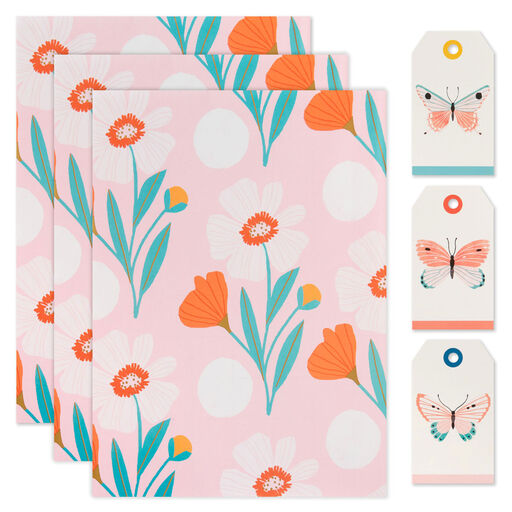 Pink Floral Flat Wrapping Paper With Gift Tags, 3 sheets, 