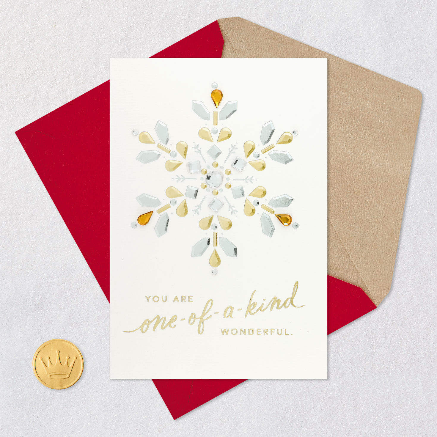 Gold Jeweled Snowflake Christmas Card Card Front with Envelope and Gold Seal image number 5