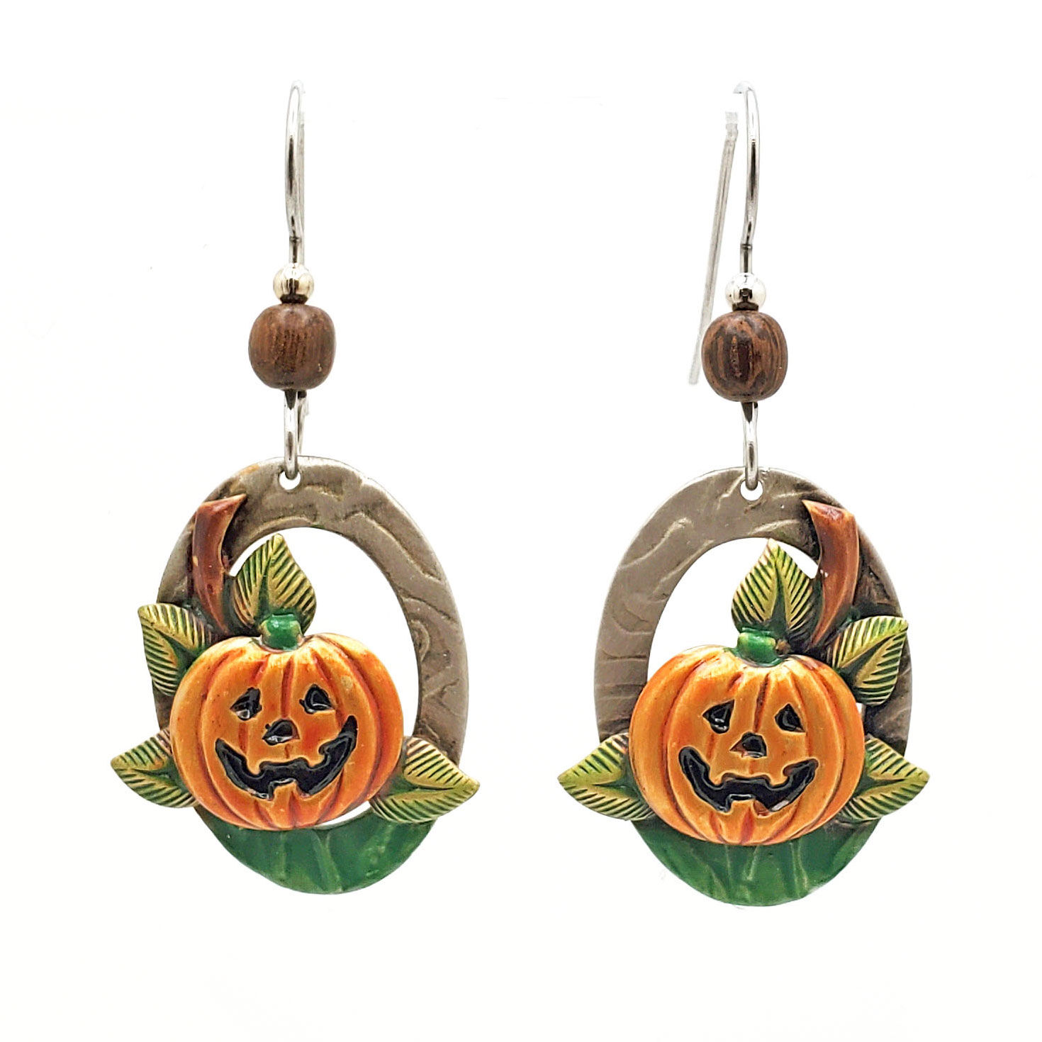 Silver Forest Jack-o'-Lantern on Oval Metal Drop Earrings, , large image number 1