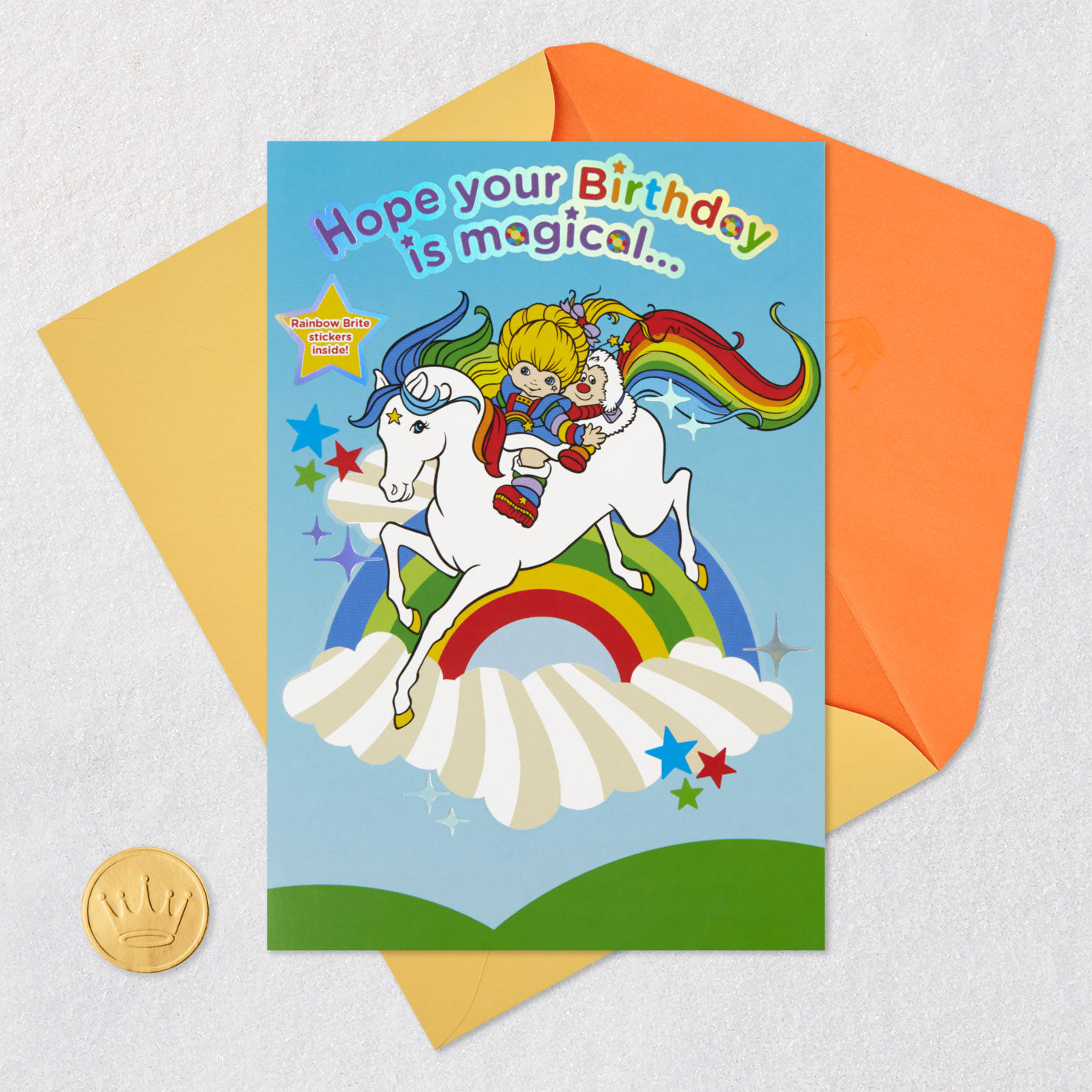 Rainbow Brite Kids Birthday Coloring Card With Stickers Card Front with Envelope and Gold Seal image number 8