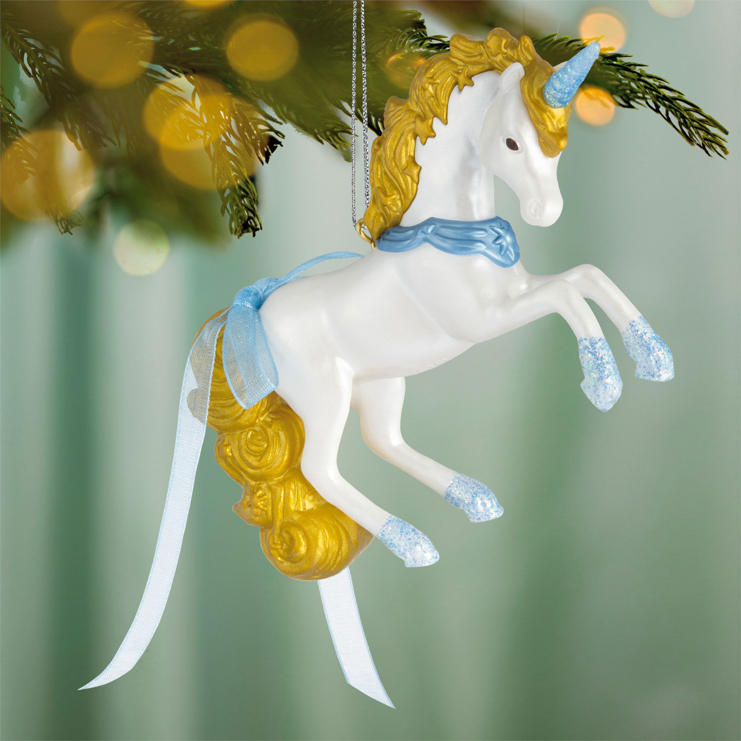 White Blue Gold Unicorn Keepsake Ornament hanging on tree image number 2