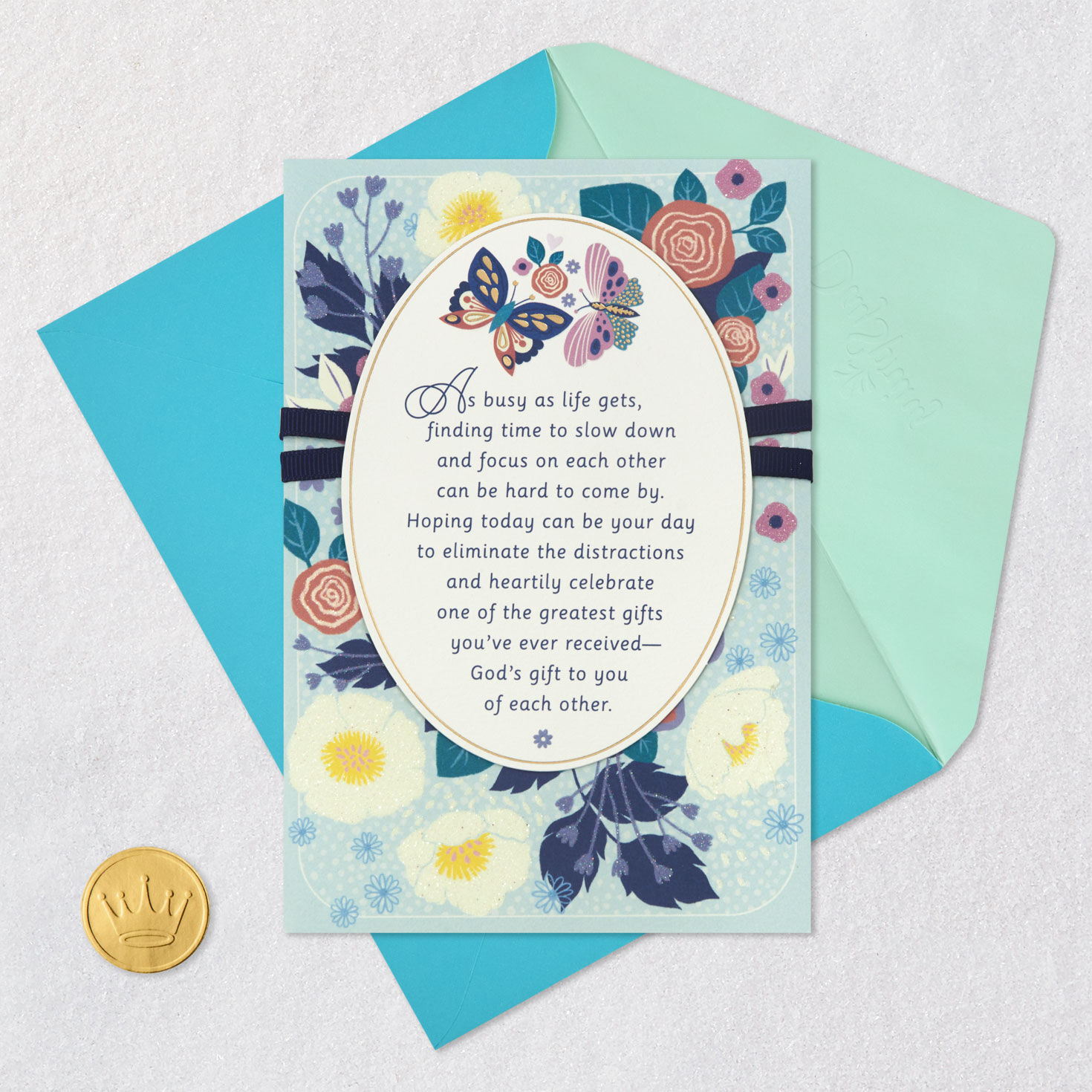 Painted Spring Flowers and Butterfly on Light Blue Anniversary Card Card Front Detail image number 6