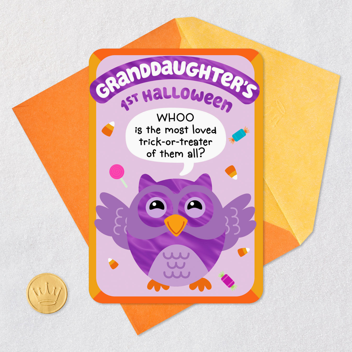 Owl and Candy 1st Halloween Card for Granddaughter Card Front with Envelope and Gold Seal image number 5
