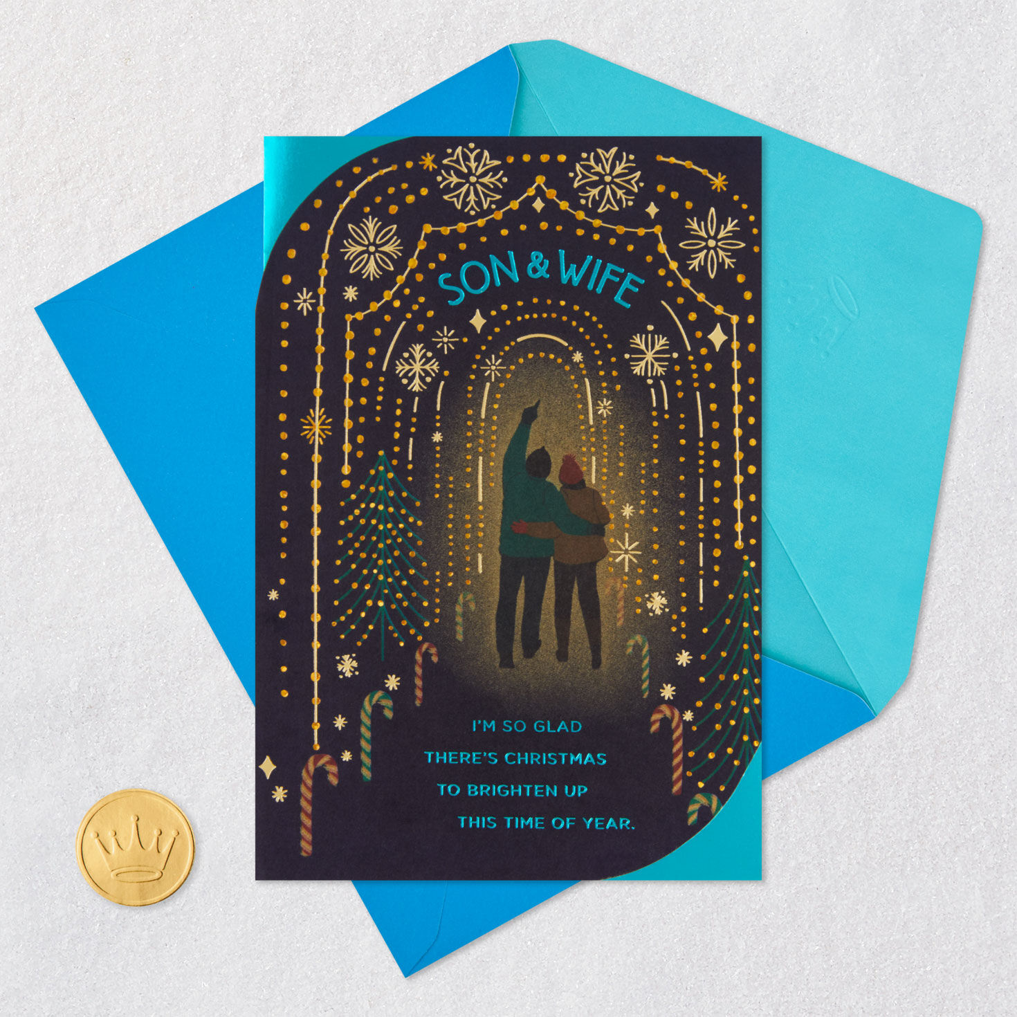 Couple Walking Under Lights Christmas Card for Son and Wife Card Front with Envelope and Gold Seal image number 6