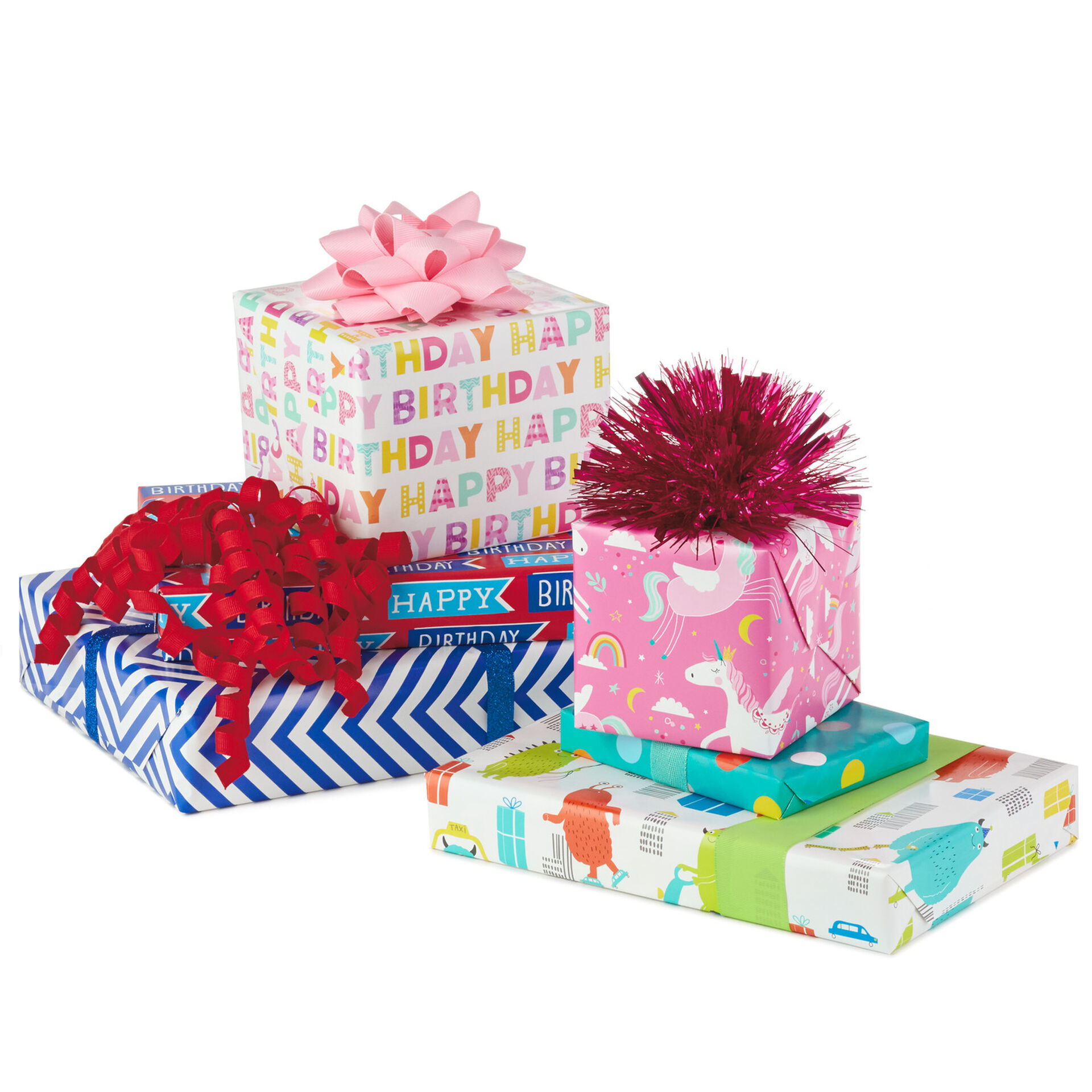 Colorful Kid Birthday 3Pack Reversible Wrapping Paper, 120 sq. ft