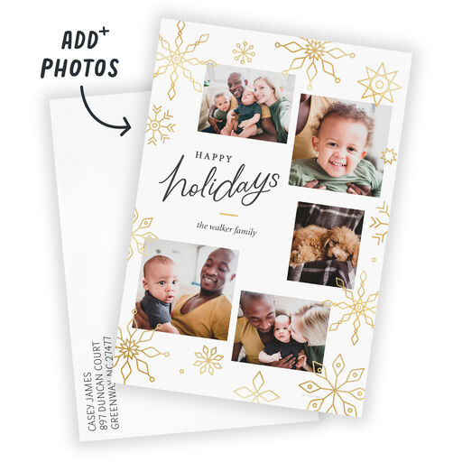 Gold Snowflakes on White Flat Holiday Photo Card, 