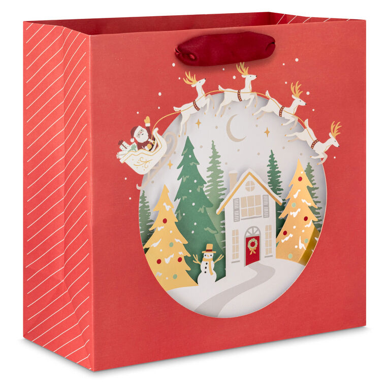 10.4" Santa's Sleigh Over House Shadow Box Large Square Christmas Gift Bag