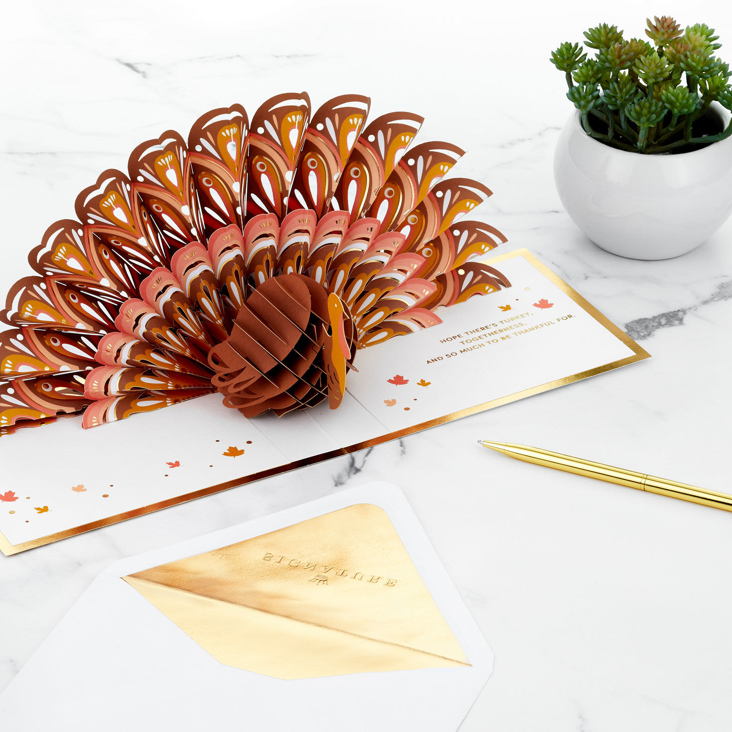 So Thankful Turkey 3D Pop-Up Thanksgiving Card Card open with pen and envelope image number 7
