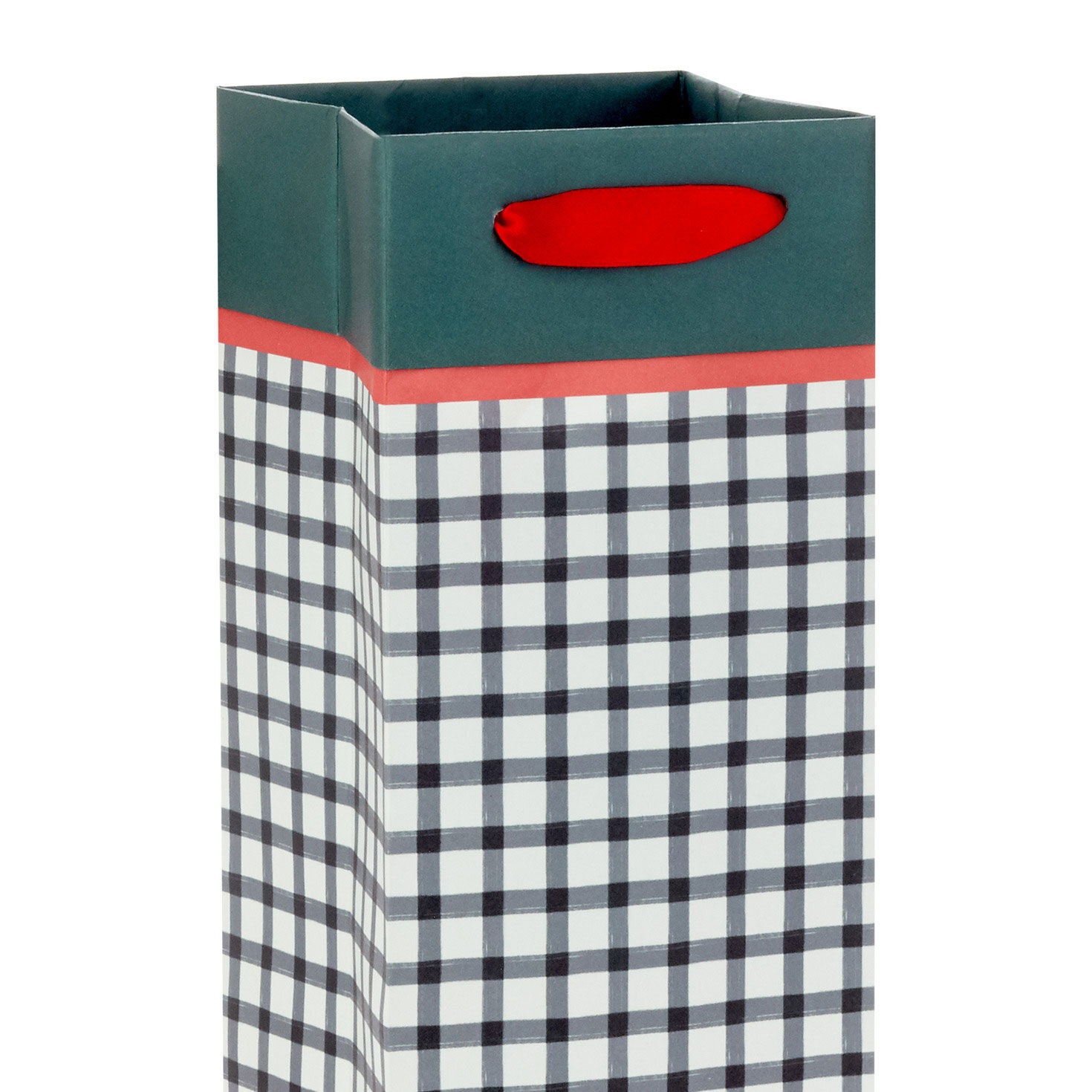 Black and White Check Holiday Wine Gift Bag Handle Detail image number 5