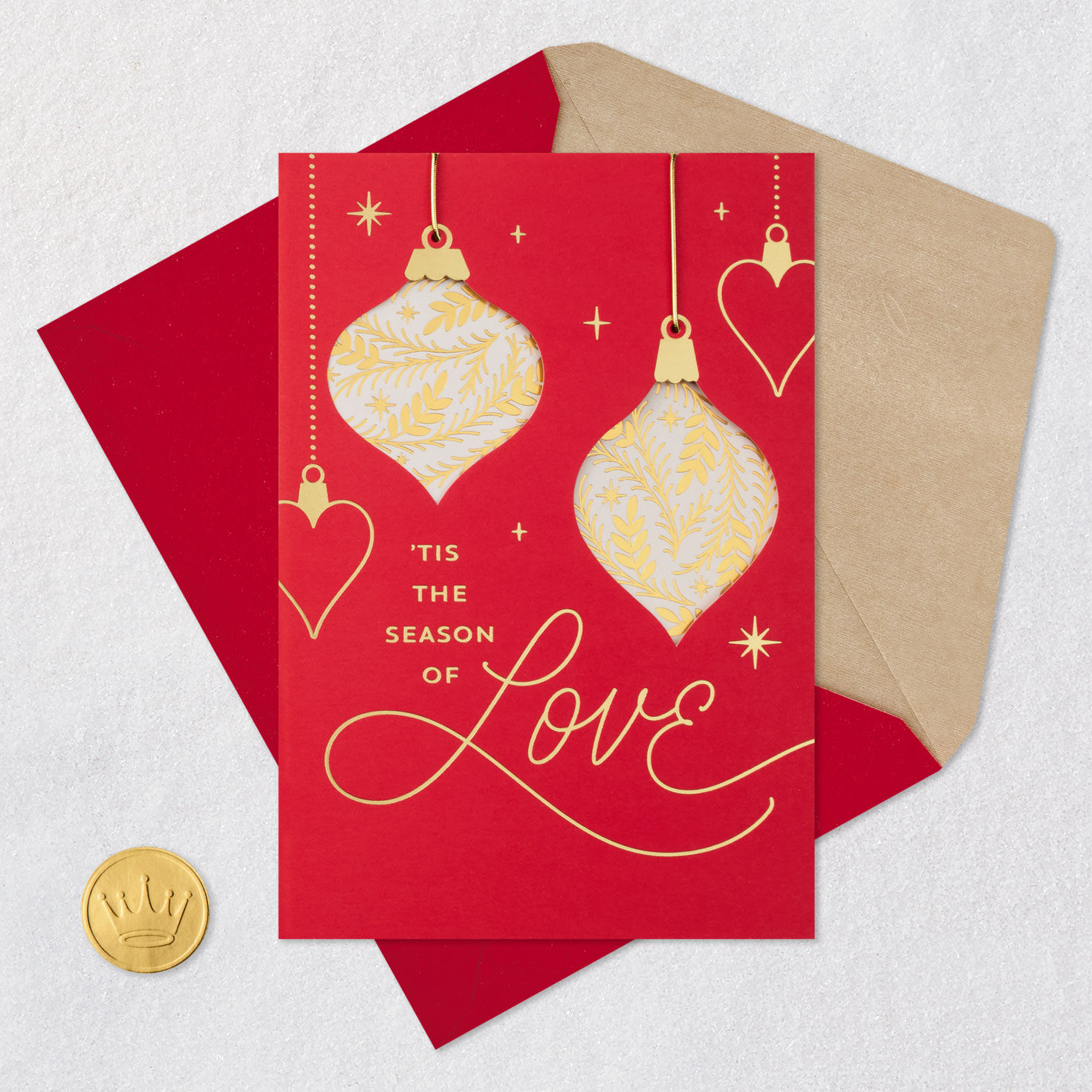 Gold Ornaments on Red Romantic Christmas Card Card Front with Envelope and Gold Seal image number 6