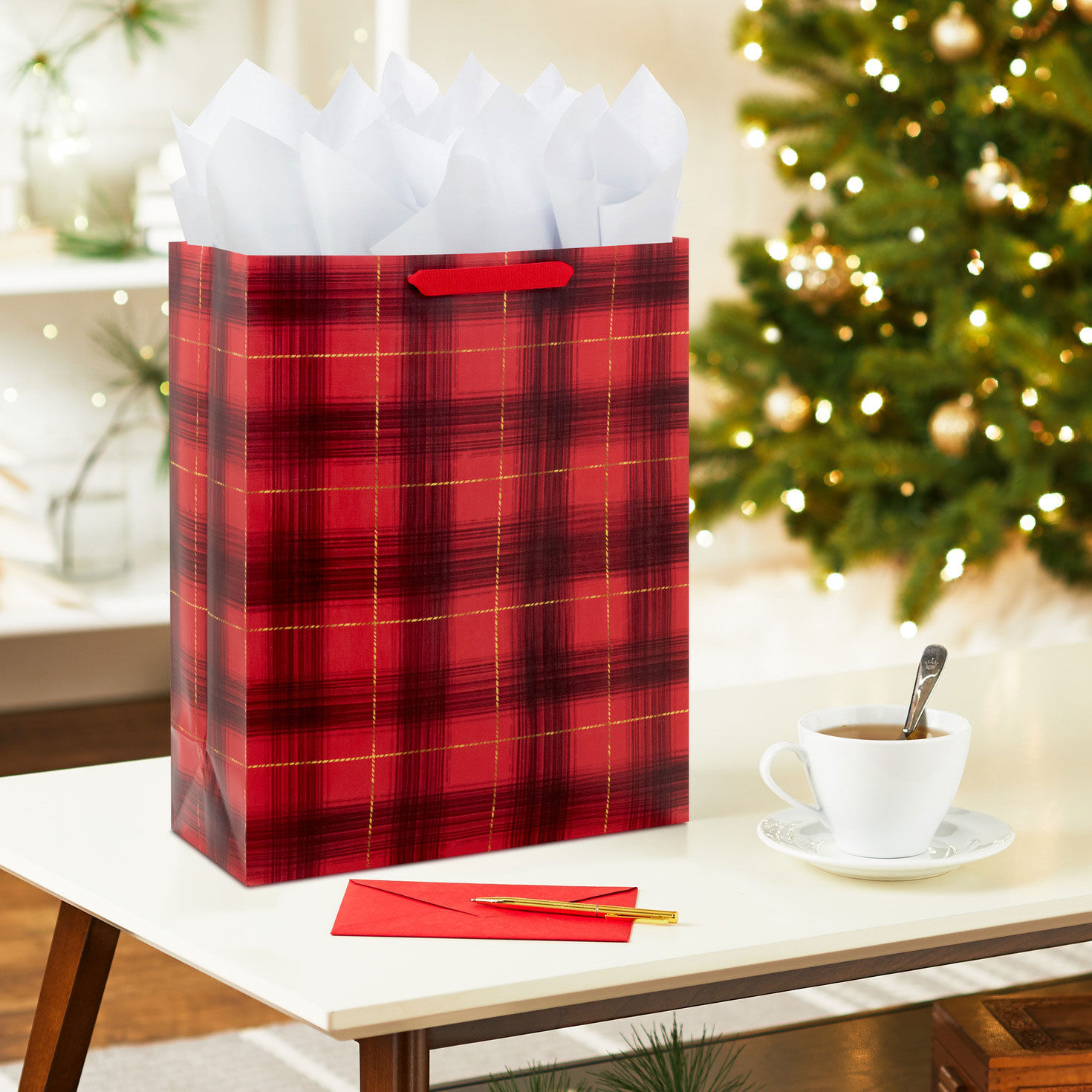Red and Black Plaid Extra-Large Holiday Gift Bag in use image number 2