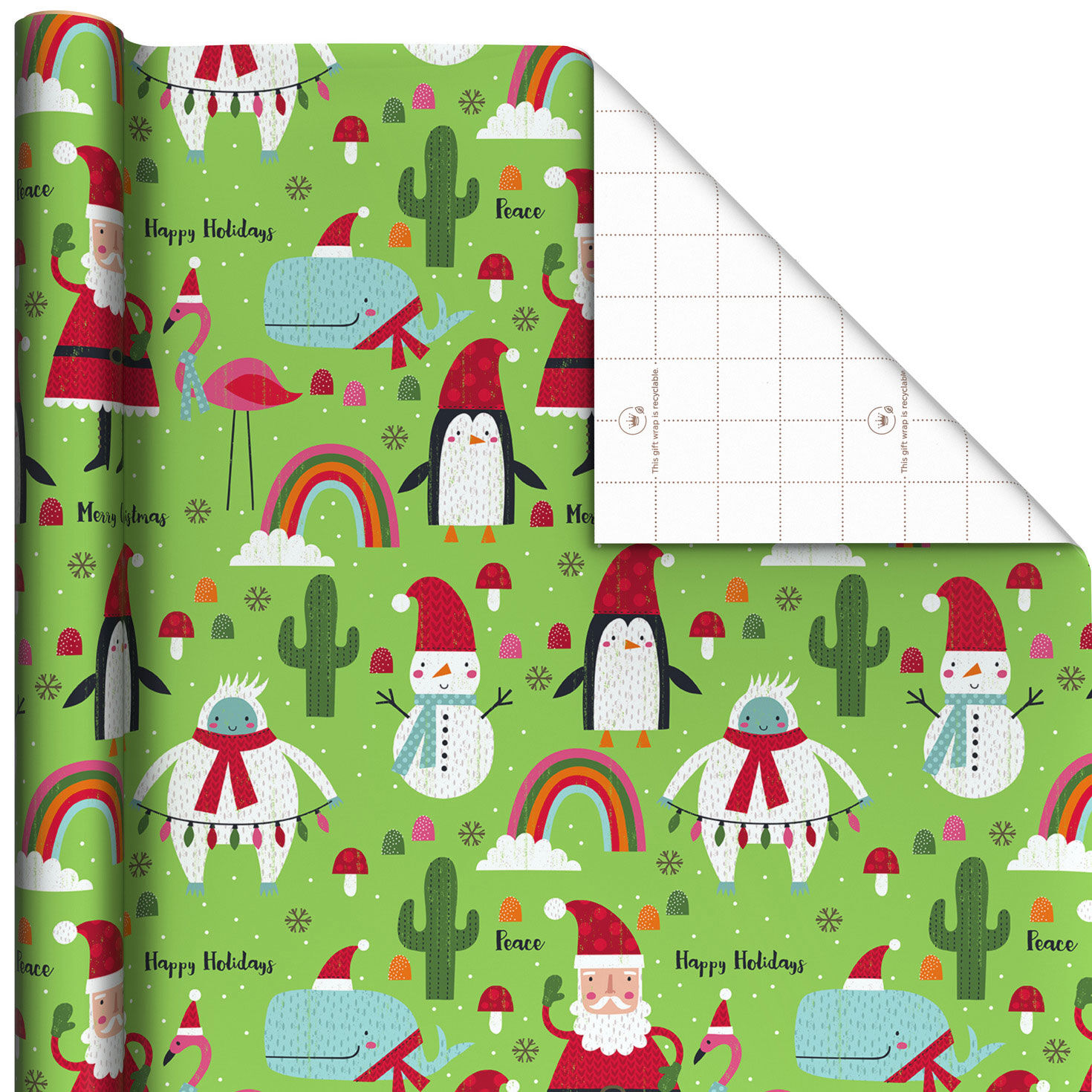 A roll of green wrapping paper with penguins, yetis, Santa, cacti, whales, rainbows, and flamingos
