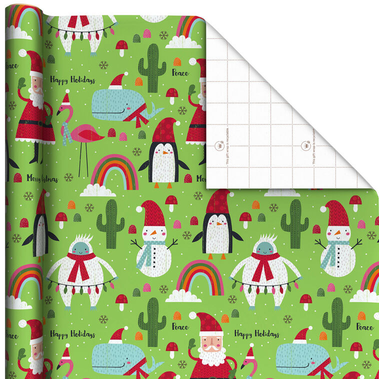 Santa and Friends on Bright Green Jumbo Christmas Wrapping Paper Roll, 90 sq. ft.