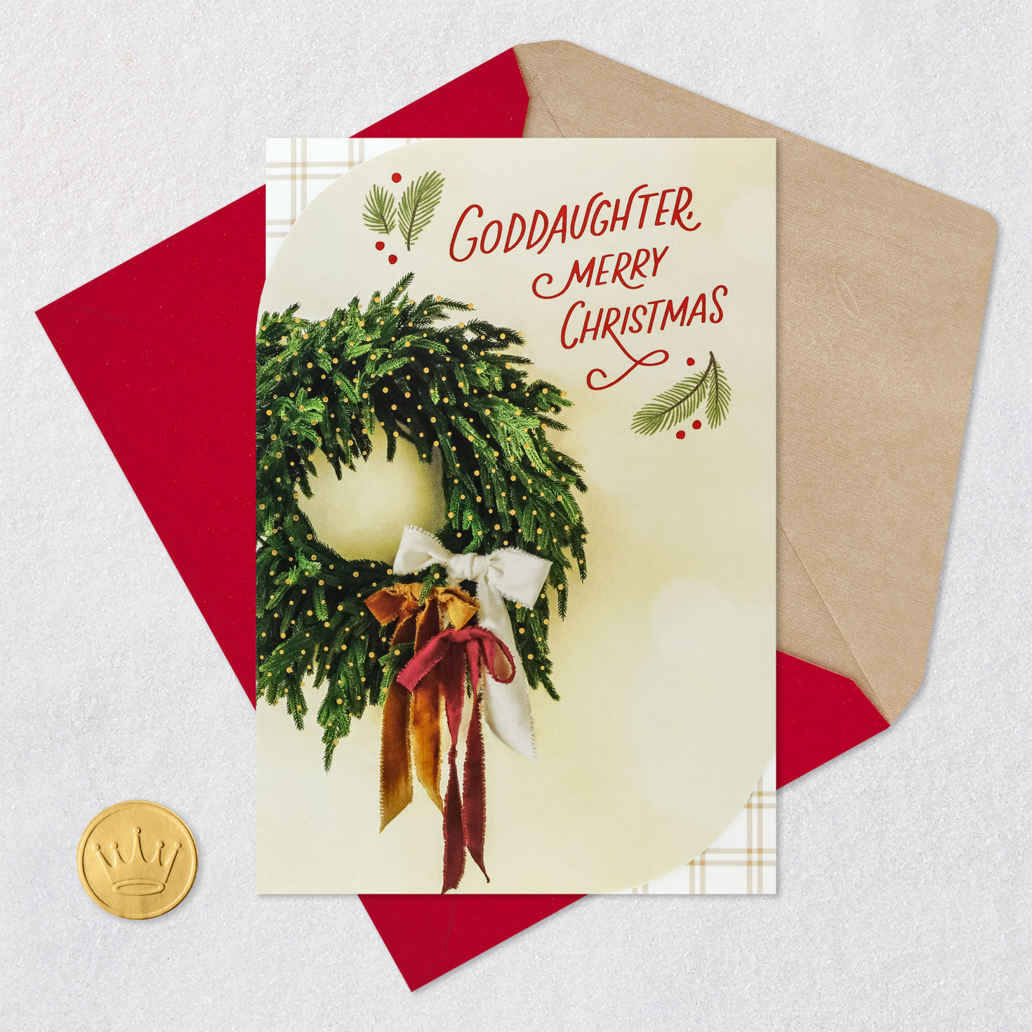 Holiday Wreath Christmas Card for Goddaughter Card Front with Envelope and Gold Seal image number 5