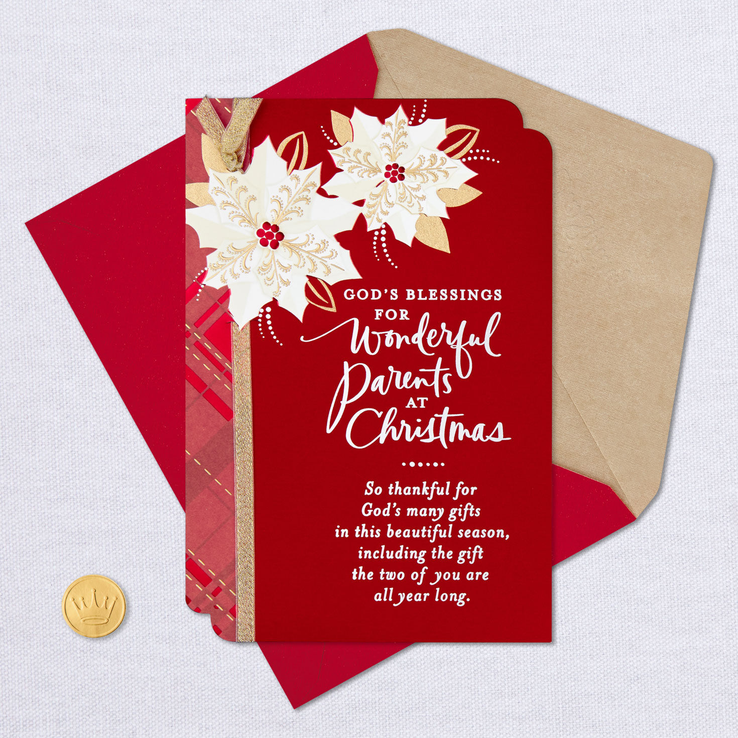 Poinsettia & Plaid Religious Christmas Card for Parents Card Front with Envelope and Gold Seal image number 5
