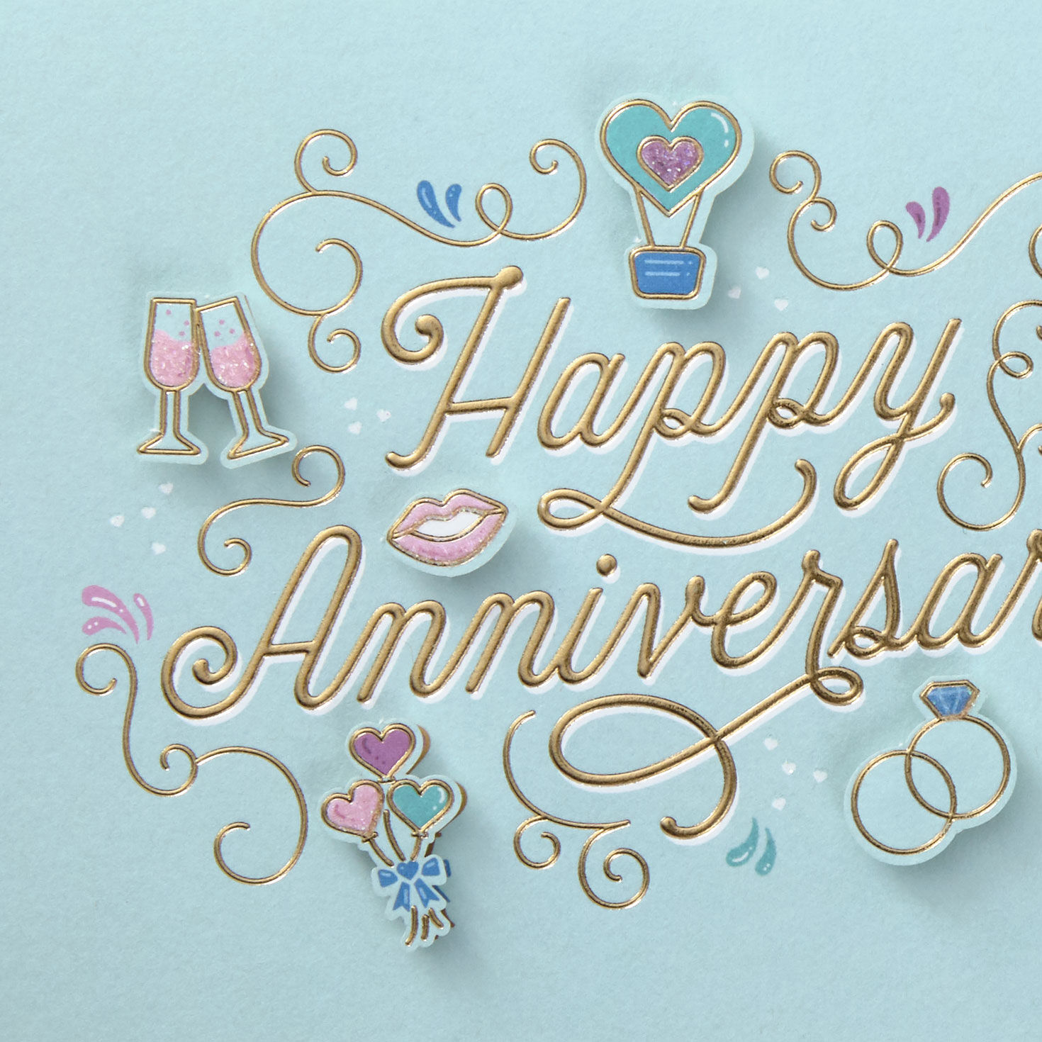 Rings, Balloons, Presents, Hearts on Mint Green Anniversary Card Card Front Detail image number 4