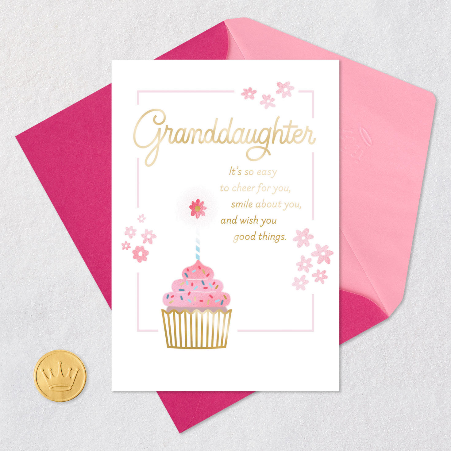 Cupcake and Flowers Granddaughter Birthday Card Card Front with Envelope and Gold Seal image number 5