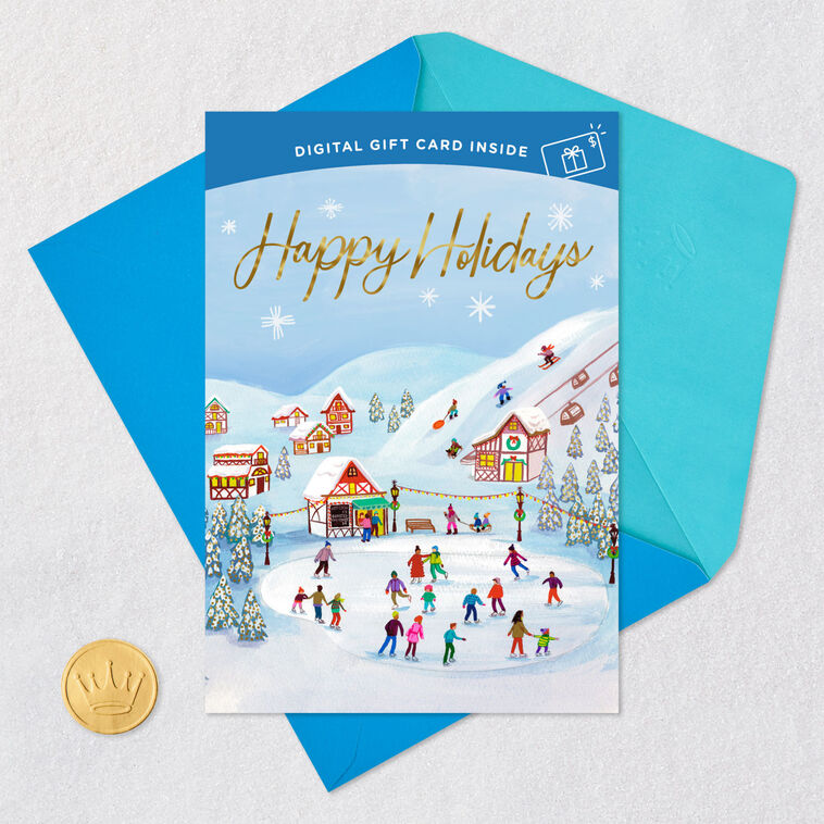 Ice-Skating Scene Gift Card Greeting Holiday Card Card Front with Envelope and Gold Seal image number 8