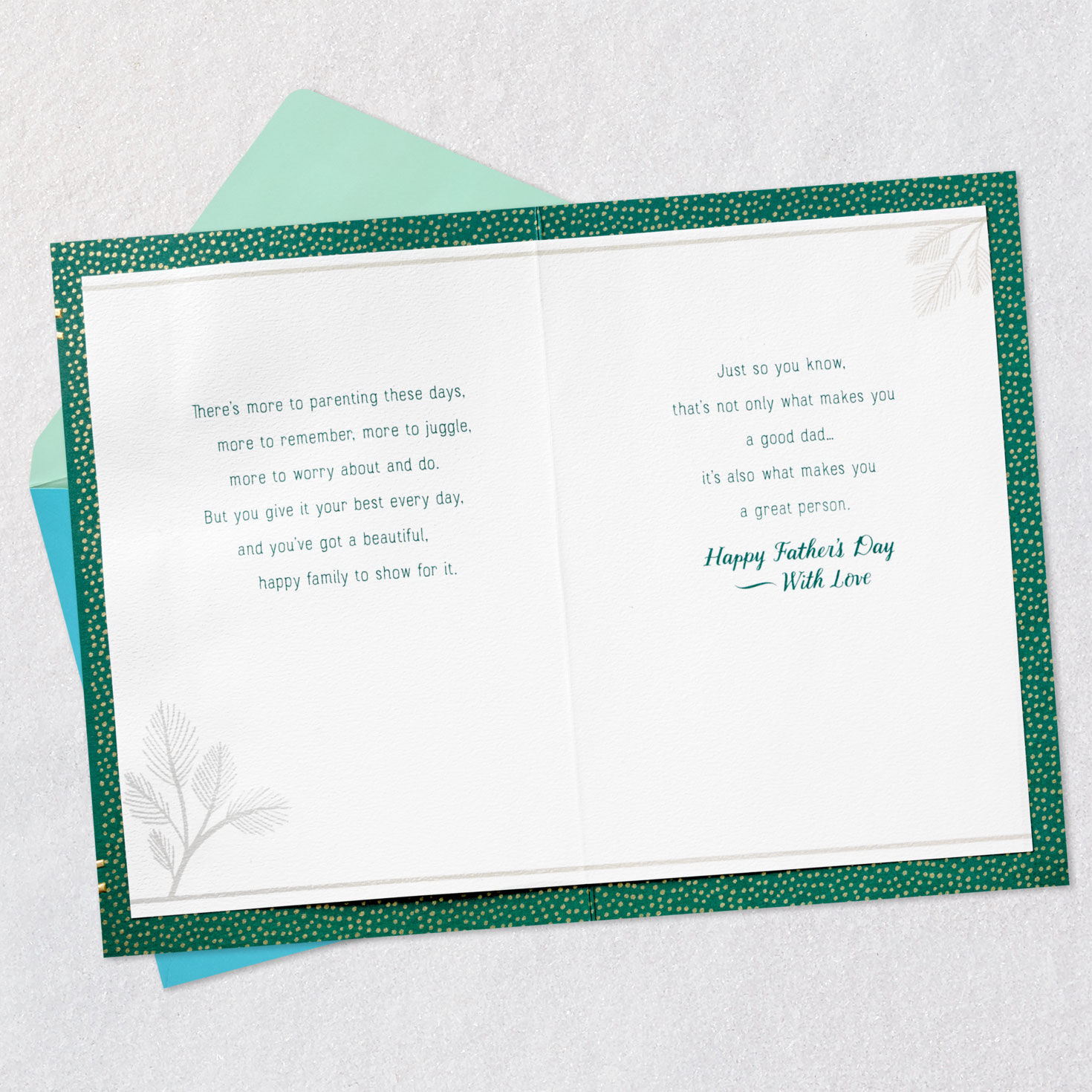 Botanical Heart on Green Son Father's Day Card Open card with envelope image number 4