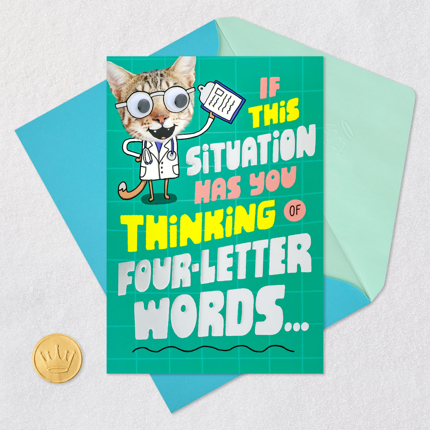 Funny Cartoon Cat Doctor Get Well Soon Card Card Front with Envelope and Gold Seal image number 5