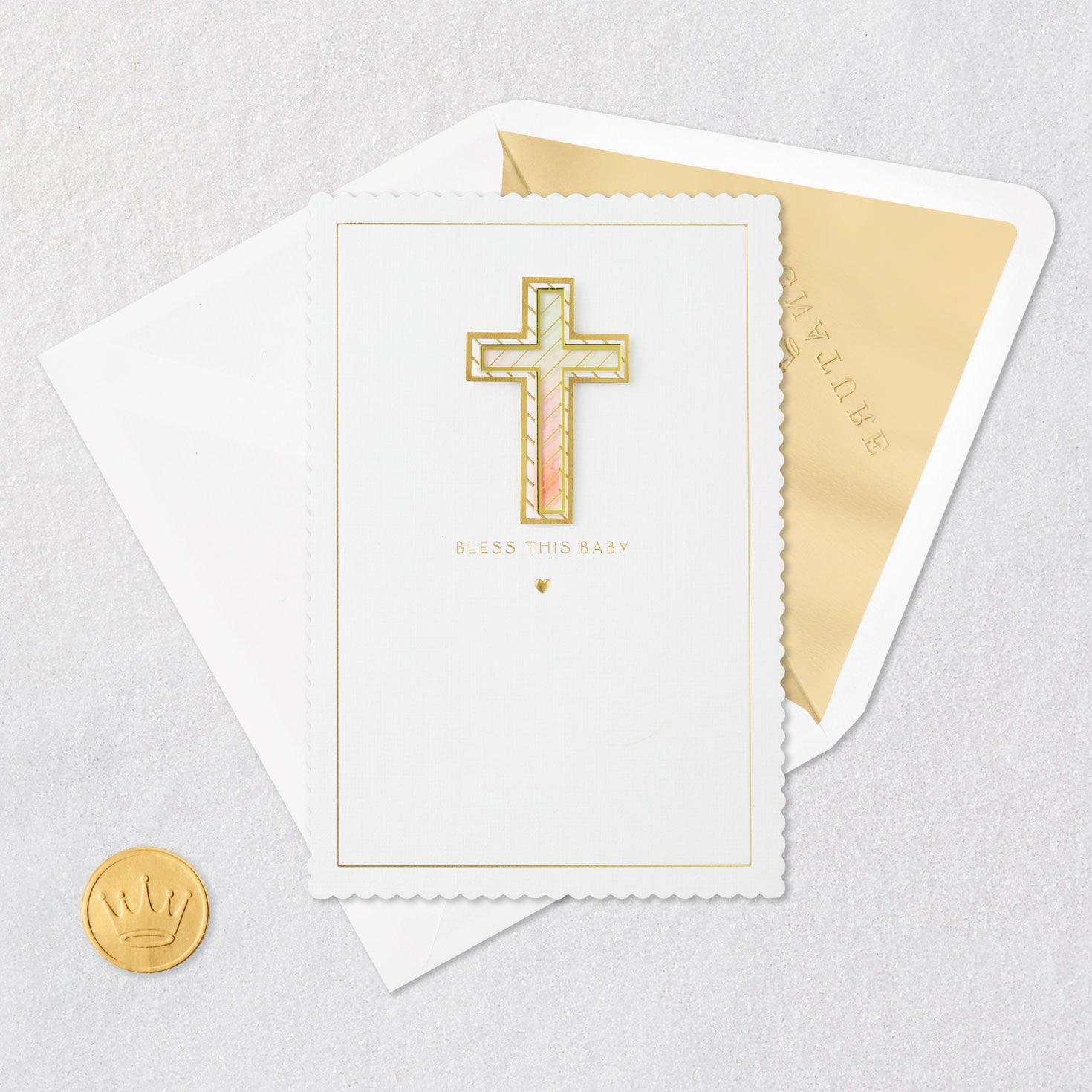 Peach and Gold Cross Baby Baptism Congrats Card Card Front with Envelope and Gold Seal image number 5