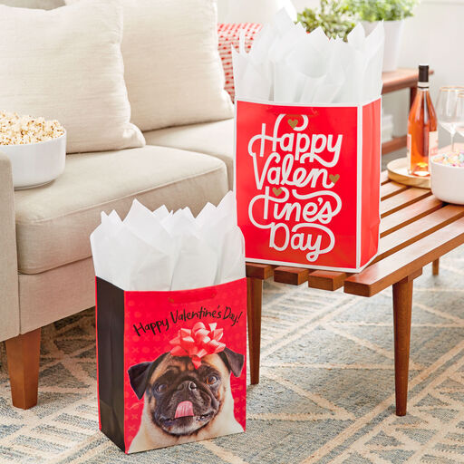 13" Pug and Happy Valentine's Day 2-Pack Large Gift Bags With Tissue Paper, 
