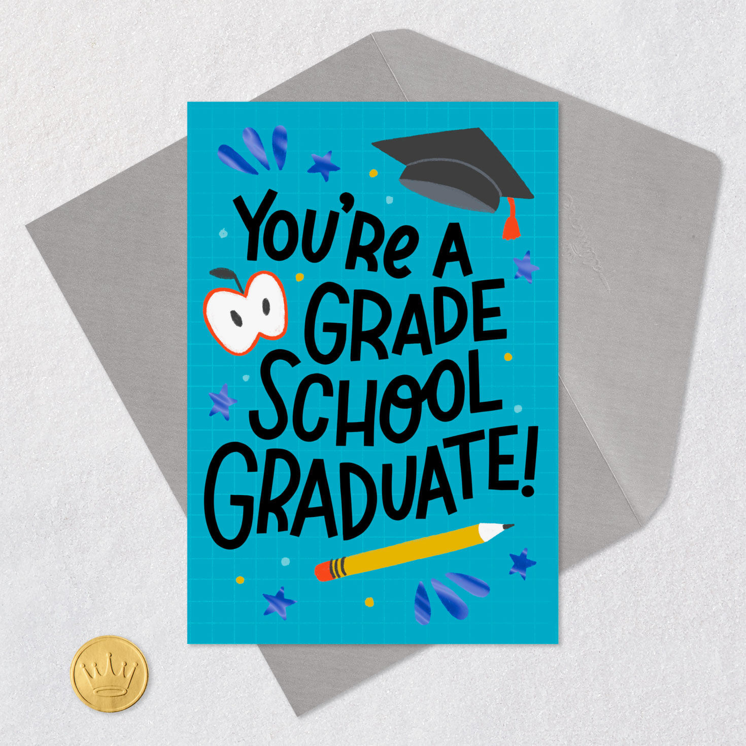 Blue Grid with Stars Grade School Graduation Card Card Front with Envelope and Gold Seal image number 5