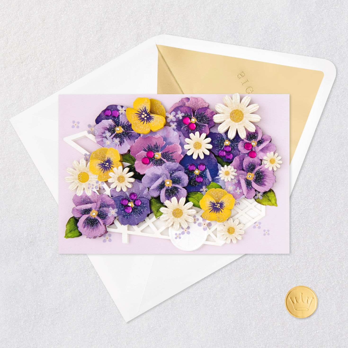 Purple and Yellow Pansies in White Cart Blank Card Card Front with Envelope and Gold Seal image number 4