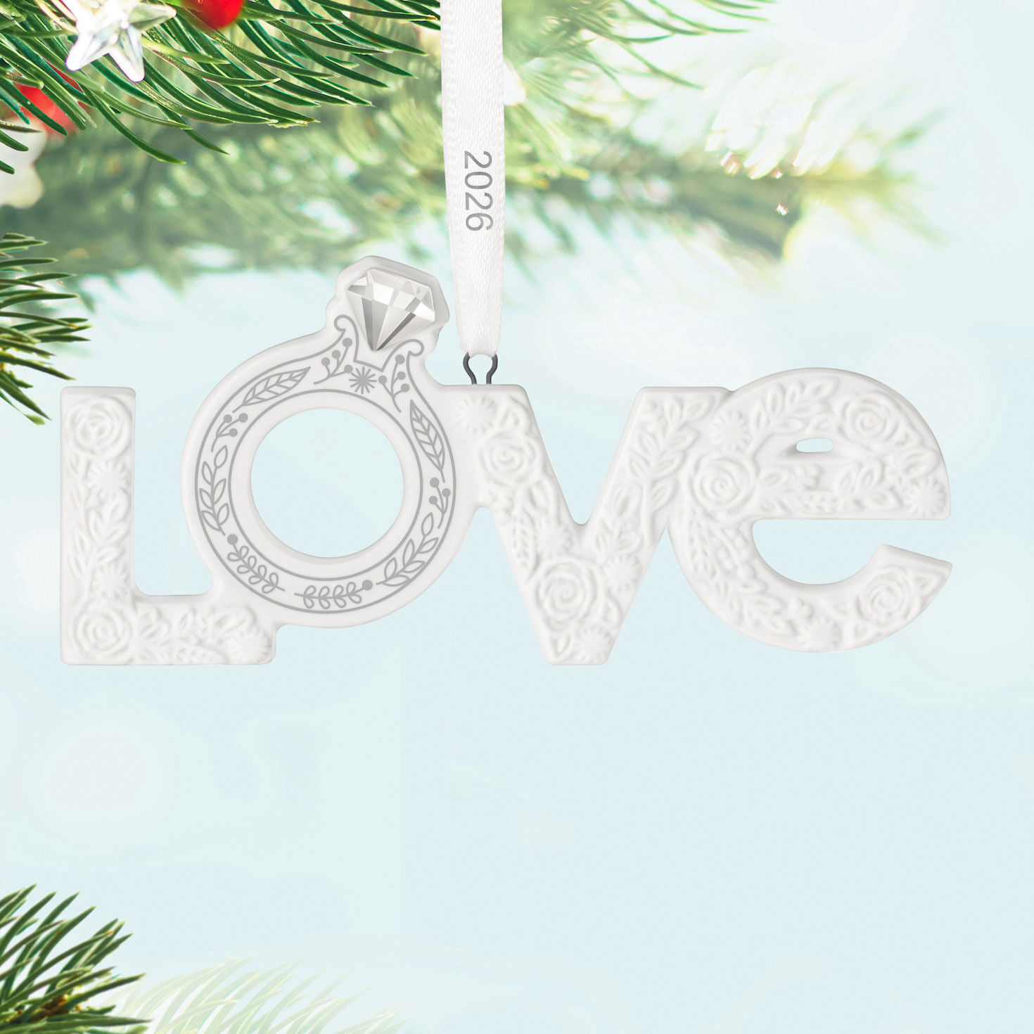 Love Word Art With Ring Keepsake Ornament hanging on tree image number 2