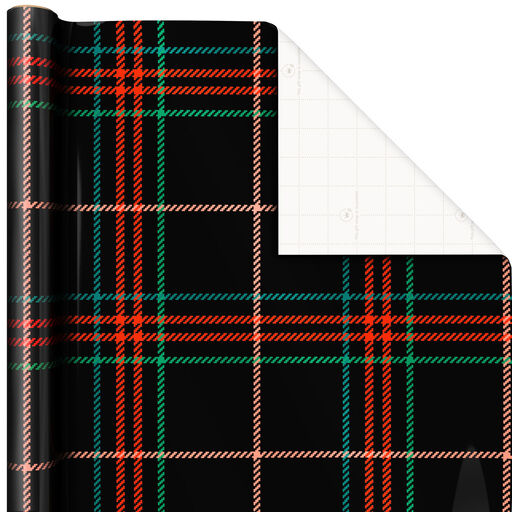Holiday Plaid on Black Christmas Wrapping Paper, 40 sq. ft., 