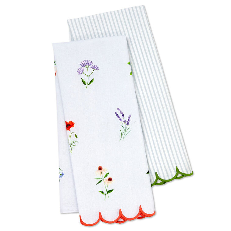Floral and Stripe Scalloped Tea Towels, Set of 2
