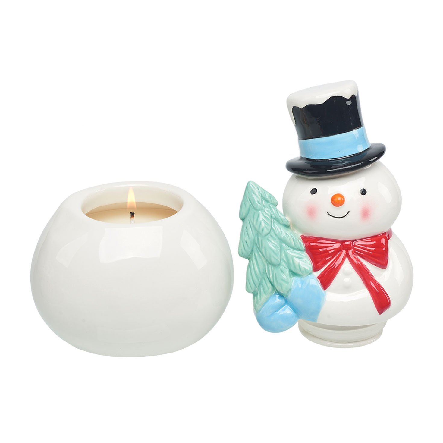 Peppermint Scented Ceramic Snowman Candle lid off lit image number 2