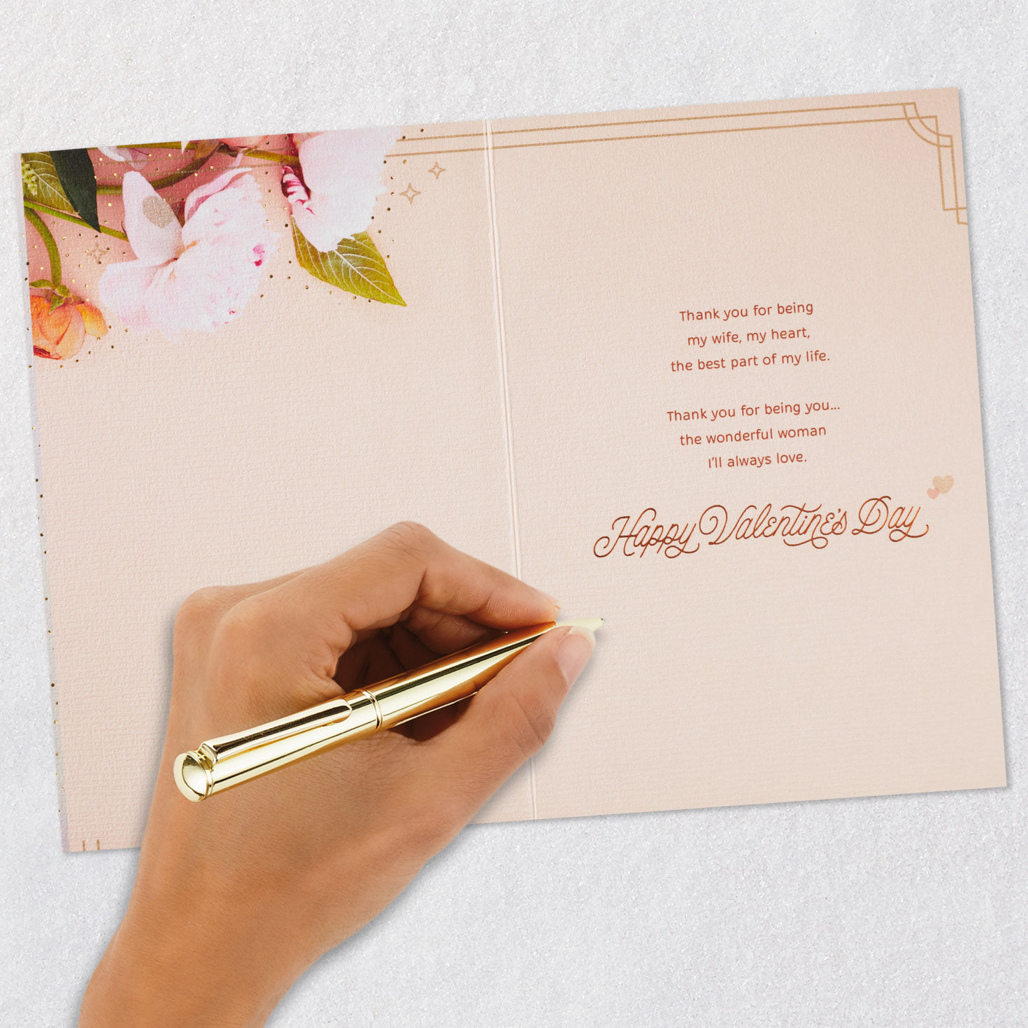 Pink Flowers Valentine's Day Card for Wife signing card image number 6