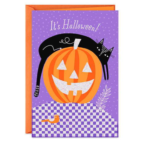 Black Cat and Pumpkin Wishes Halloween Card, , large