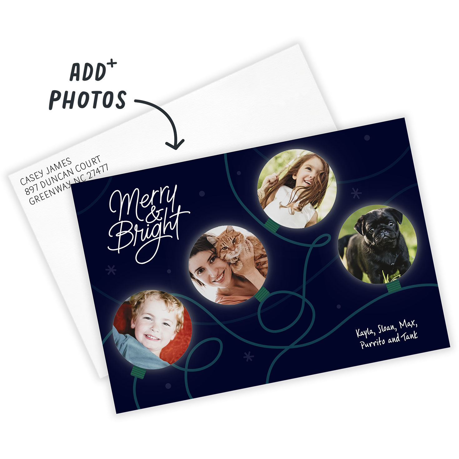 String of Round Lights Personalized Christmas Photo Card Card Front indicating personalization image number 2