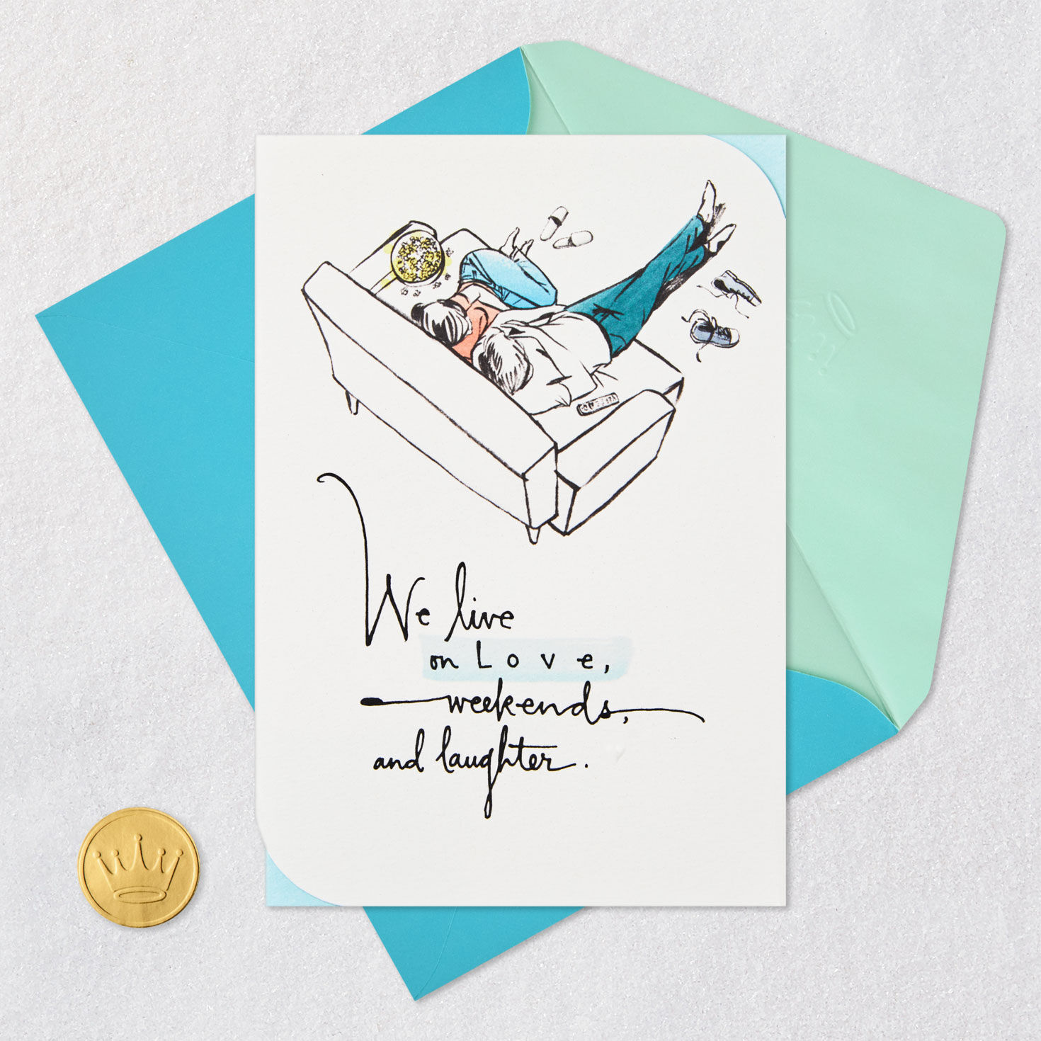 Couple on Couch Illustration Birthday Card Card Front with Envelope and Gold Seal image number 6