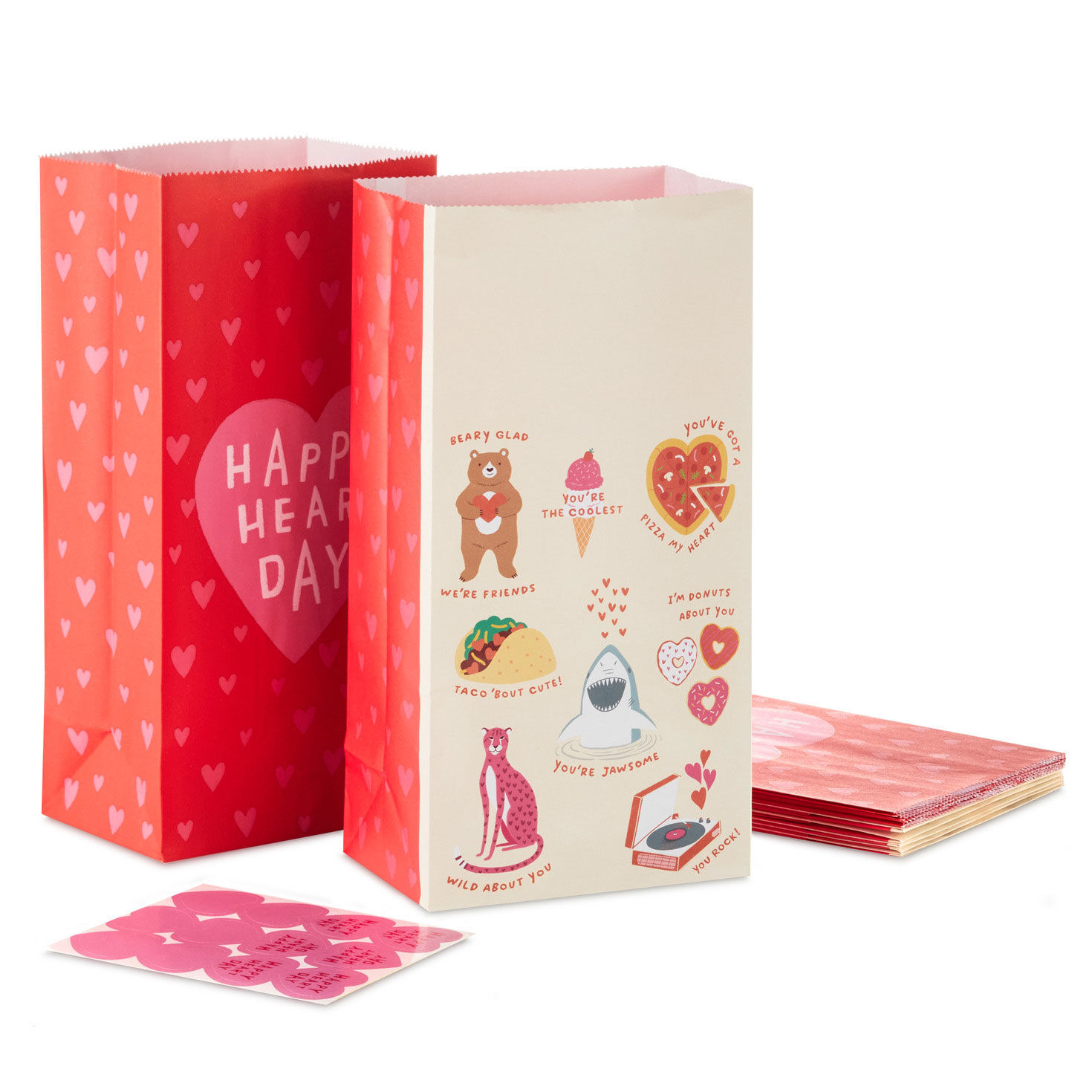 Heart Day Puns 12-Pack Valentine's Day Paper Goodie Bags With Stickers