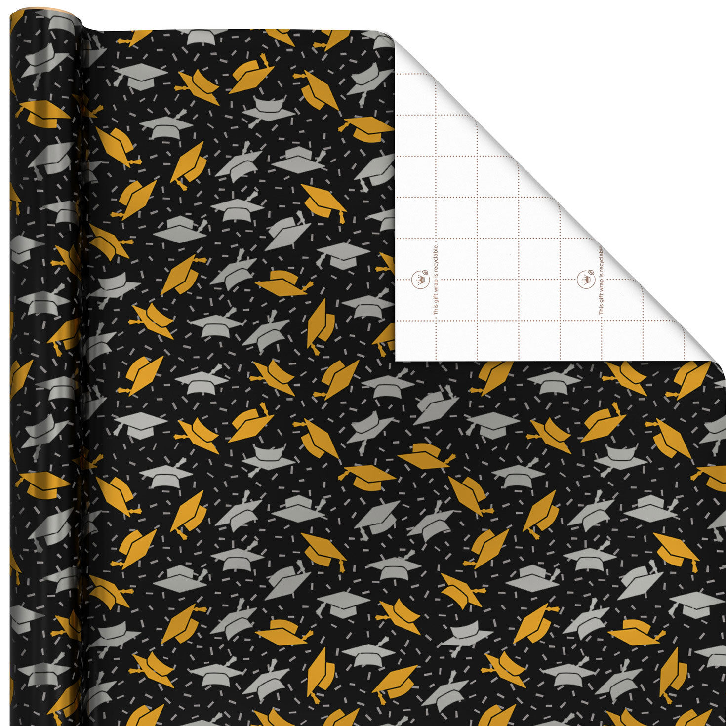Metallic Mortarboards on Black Graduation Wrapping Paper Roll, 17.5 sq. ft.