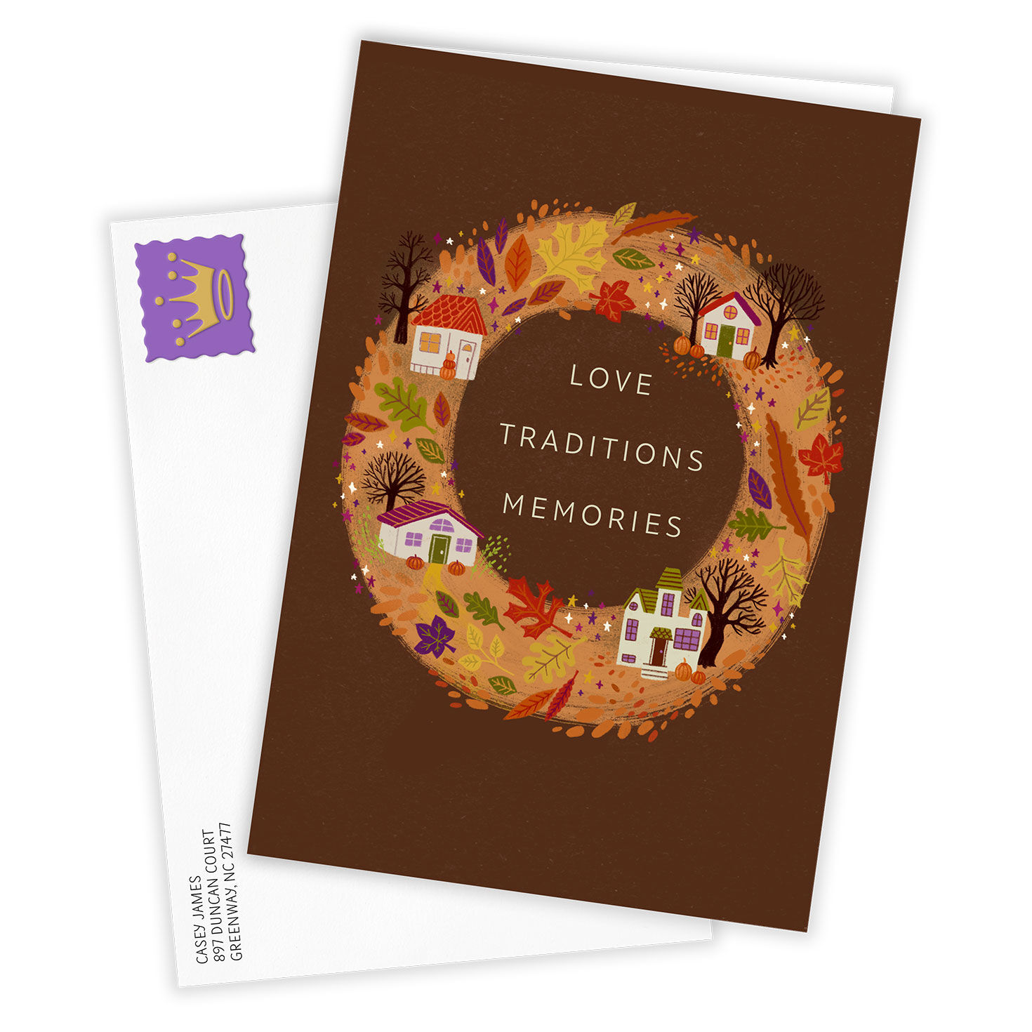 Wreath With Houses Personalized Thanksgiving Card Card Front with Envelope image number 2
