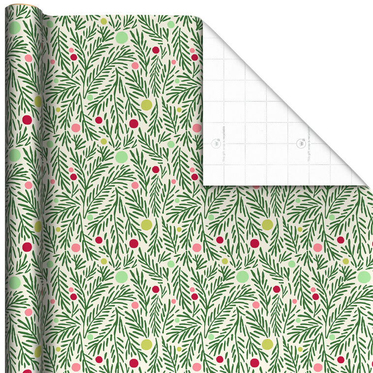 Pine Branches and Polka Dots on Cream Holiday Wrapping Paper Roll, 35 sq. ft.