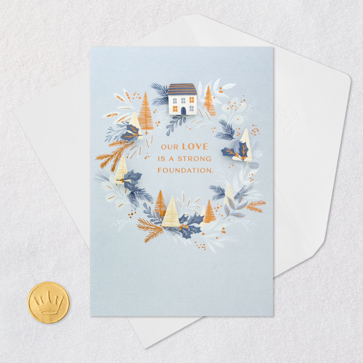 Botanical Wreath on Blue Gray Christmas Card Card Front with Envelope and Gold Seal image number 5