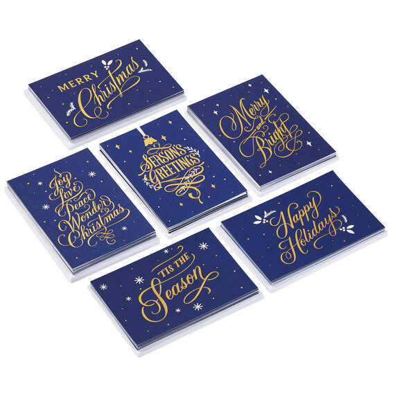Gold Foil on Navy Boxed Christmas Cards Assortment, Pack of 72, , large image number 1