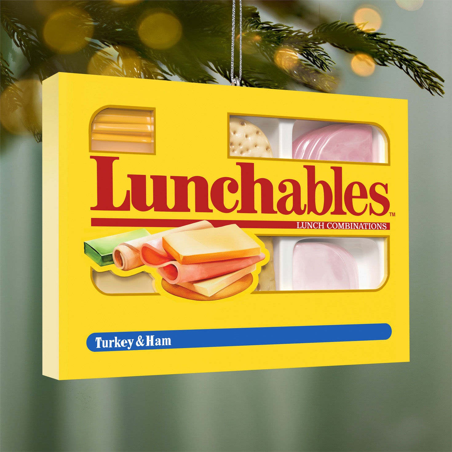 Lunchables Turkey and Ham Box Keepsake Ornament hanging on tree image number 2