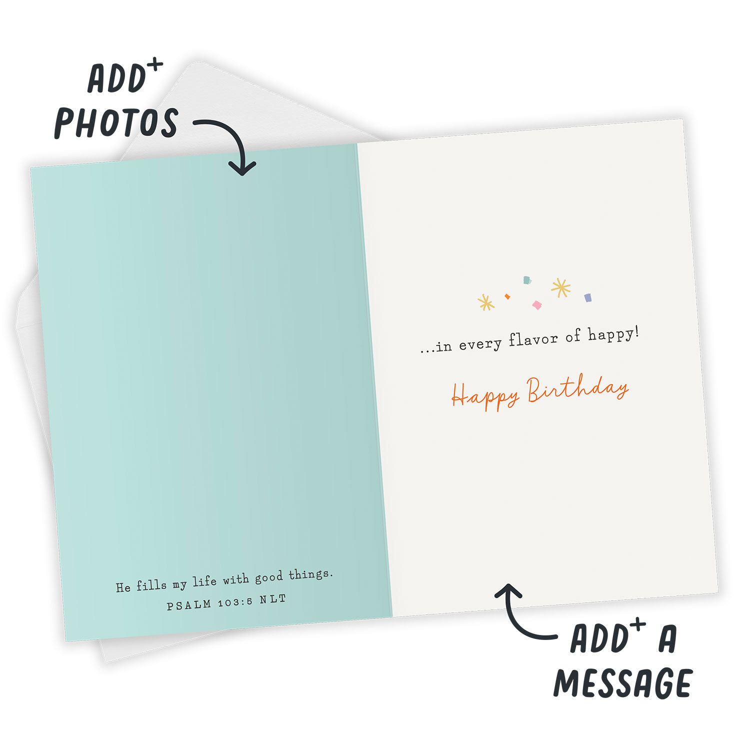 Every Flavor of Blessing Personalized Birthday Card Open Card with Envelope indicating personalization image number 3