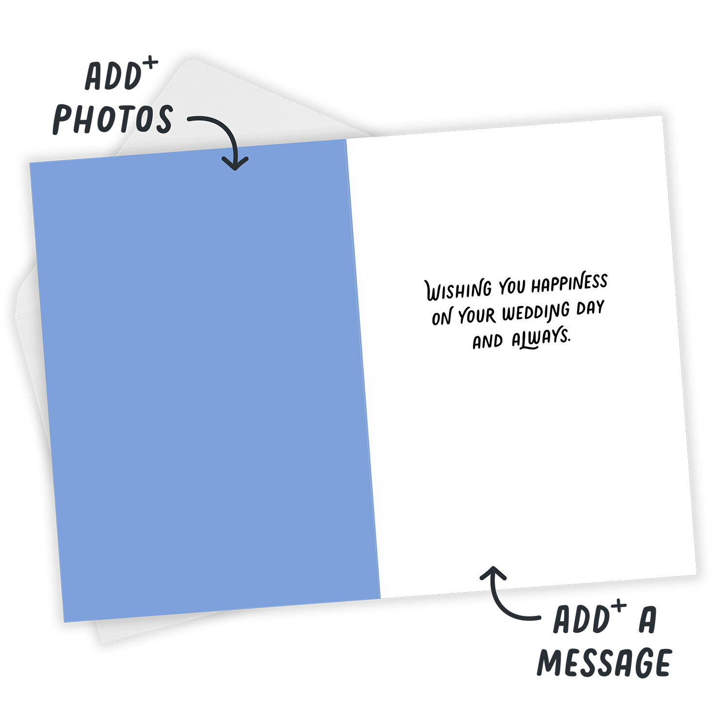 Blue Flying Birds Personalized Wedding Card Open Card with Envelope indicating personalization image number 3