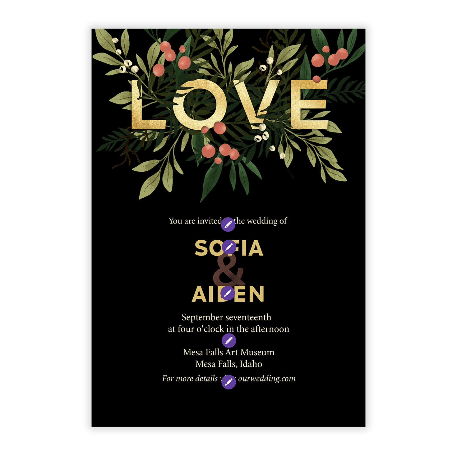 Gold Love on Black Personalized Wedding Invitation Card Front indicating personalization image number 5